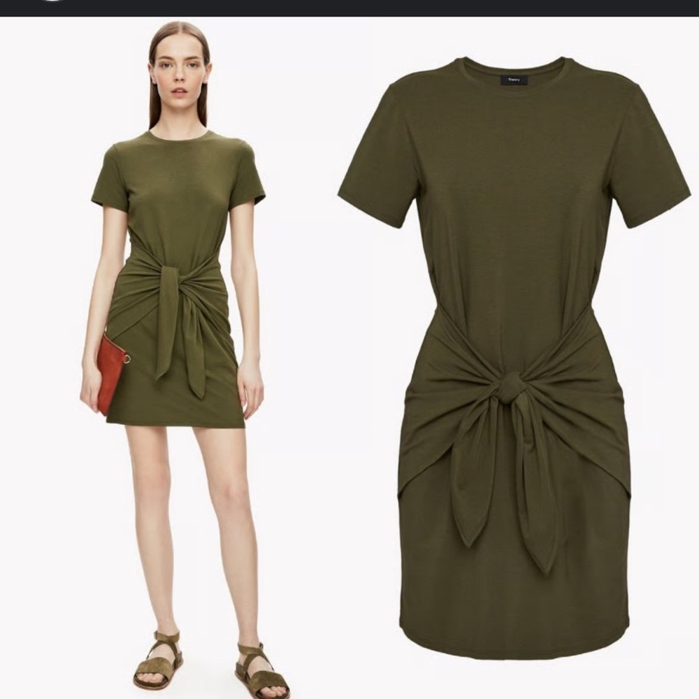 Theory Dakui Olive Green Tie-Front Mini Dress